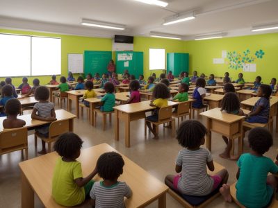 Crianças em sala de aula inclusiva aprendendo sobre desenvolvimento infantil e deficiência mental com apoio de educadores.