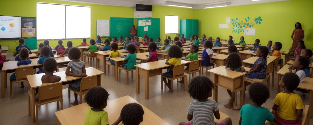 Crianças em sala de aula inclusiva aprendendo sobre desenvolvimento infantil e deficiência mental com apoio de educadores.