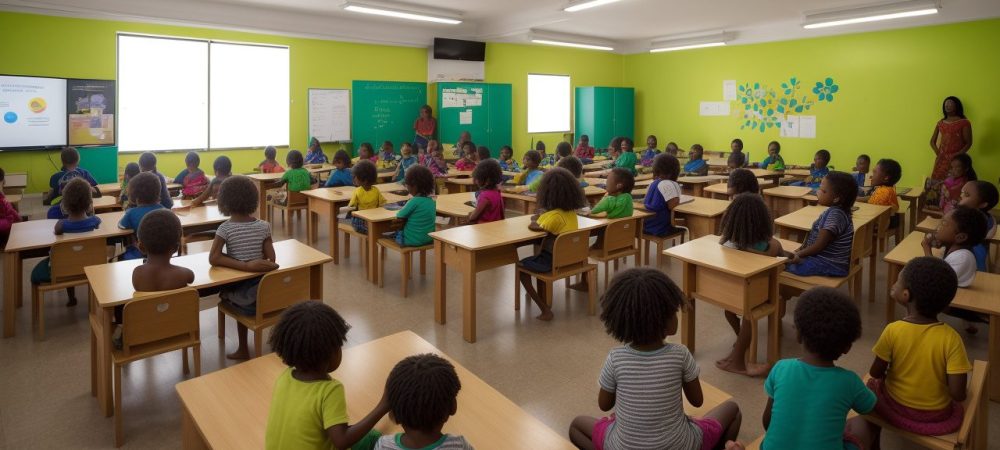 Crianças em sala de aula inclusiva aprendendo sobre desenvolvimento infantil e deficiência mental com apoio de educadores.