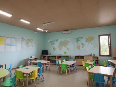 Crianças e professoras em sala de aula inclusiva, utilizando tecnologias assistivas e adaptando o currículo para deficiências múltiplas.