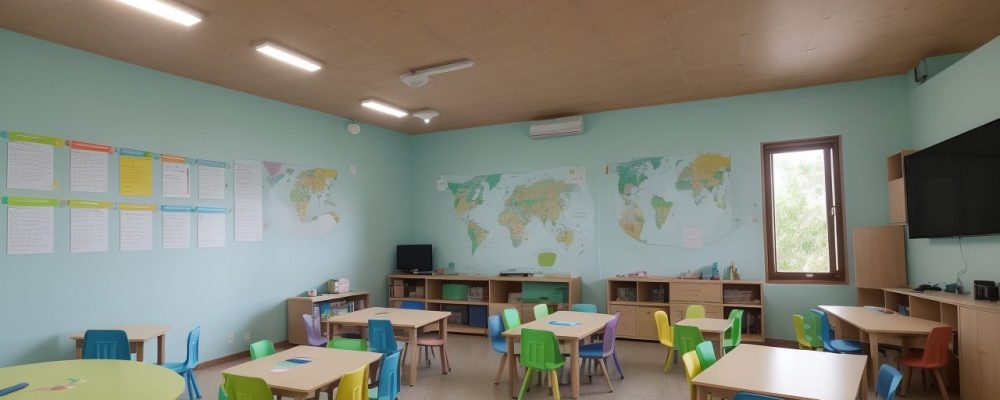 Crianças e professoras em sala de aula inclusiva, utilizando tecnologias assistivas e adaptando o currículo para deficiências múltiplas.