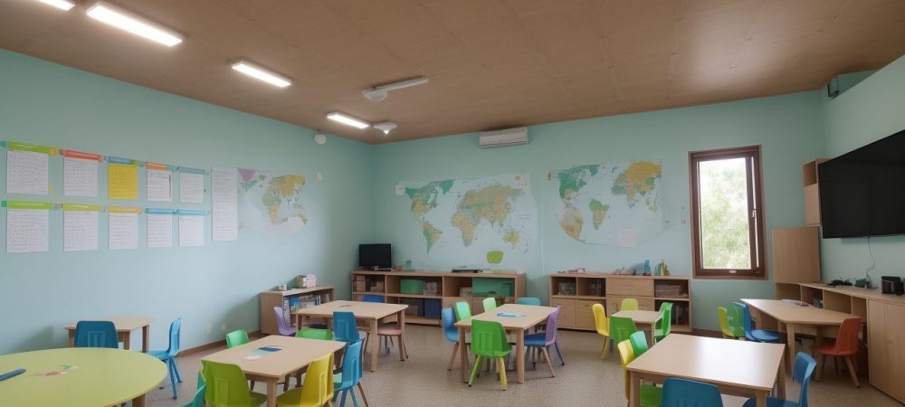 Crianças e professoras em sala de aula inclusiva, utilizando tecnologias assistivas e adaptando o currículo para deficiências múltiplas.