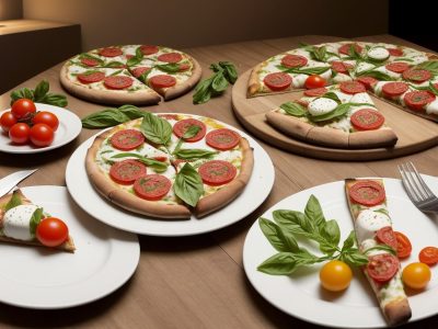 Mesa com pratos italianos sendo servidos em um ambiente de trabalho, promovendo união e satisfação da equipe.