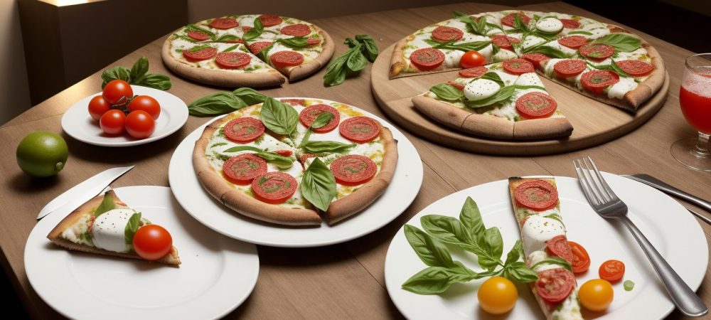 Mesa com pratos italianos sendo servidos em um ambiente de trabalho, promovendo união e satisfação da equipe.