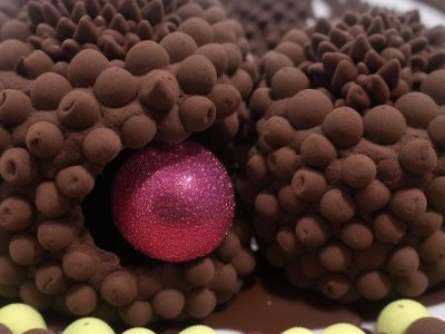 Close-up de esculturas de chocolate finamente detalhadas, mostrando técnicas de decoração e a arte em chocolate