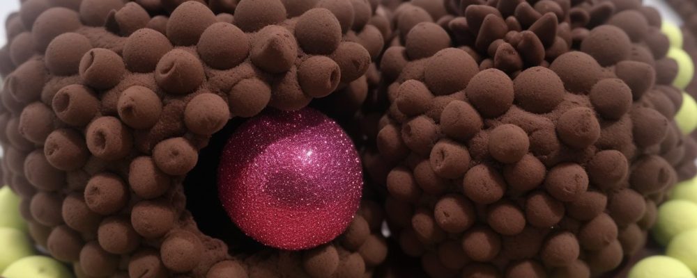 Close-up de esculturas de chocolate finamente detalhadas, mostrando técnicas de decoração e a arte em chocolate