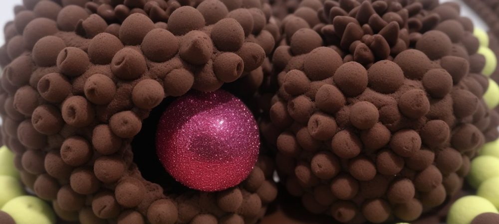 Close-up de esculturas de chocolate finamente detalhadas, mostrando técnicas de decoração e a arte em chocolate