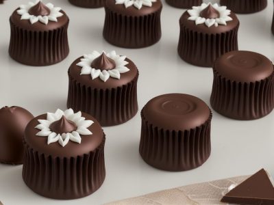 Belo close-up de esculturas de chocolate detalhadas e artisticamente decoradas, em uma confeitaria com iluminação aconchegante, realçando a arte em chocolate.