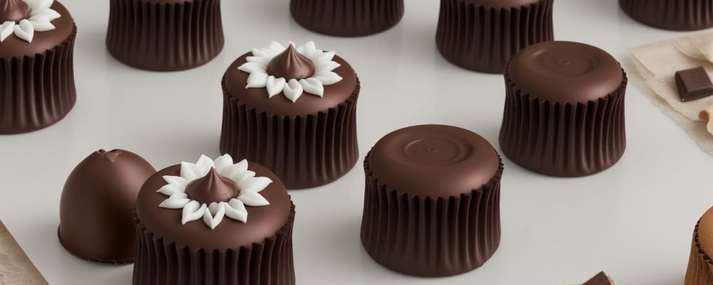 Belo close-up de esculturas de chocolate detalhadas e artisticamente decoradas, em uma confeitaria com iluminação aconchegante, realçando a arte em chocolate.