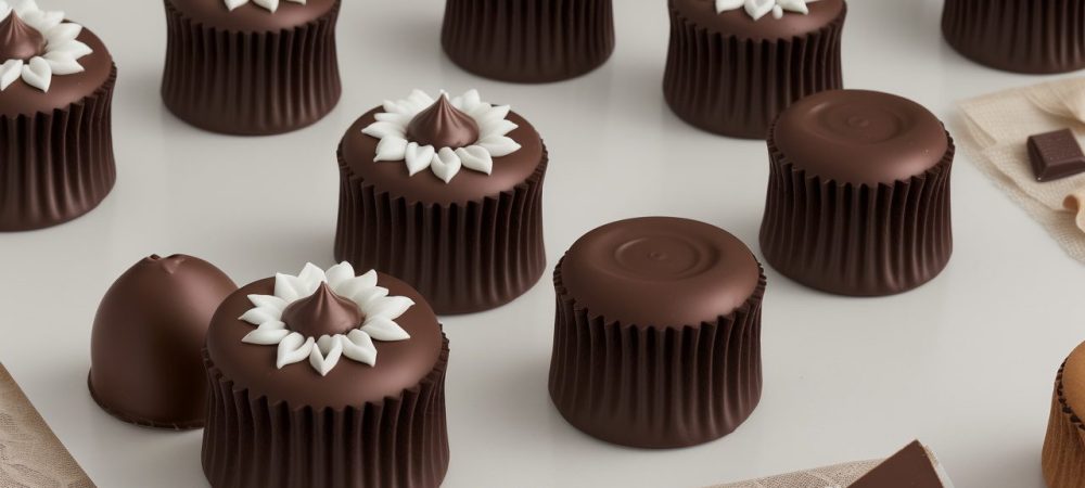 Belo close-up de esculturas de chocolate detalhadas e artisticamente decoradas, em uma confeitaria com iluminação aconchegante, realçando a arte em chocolate.
