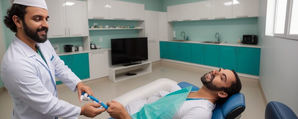 Dentista do trabalho examinando um servidor público, com foco em saúde bucal e prevenção de doenças ocupacionais, representando a NR 32 odontologia em ação.