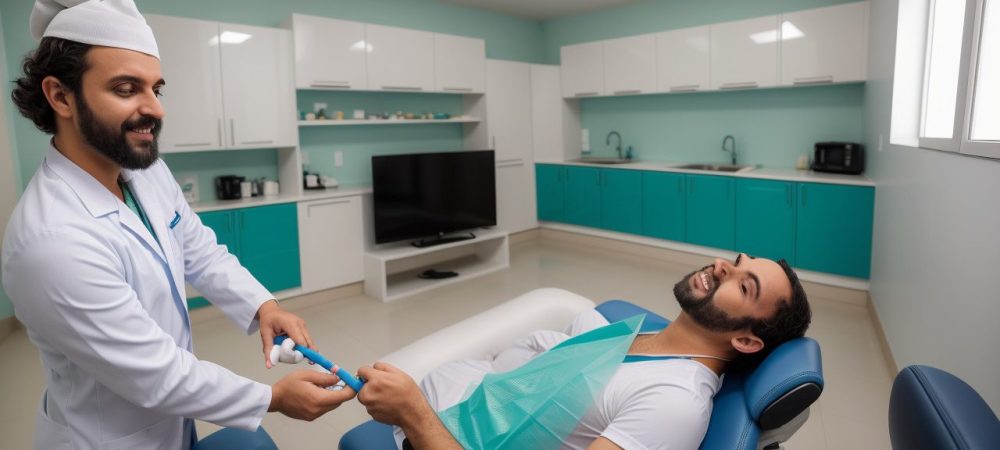 Dentista do trabalho examinando um servidor público, com foco em saúde bucal e prevenção de doenças ocupacionais, representando a NR 32 odontologia em ação.