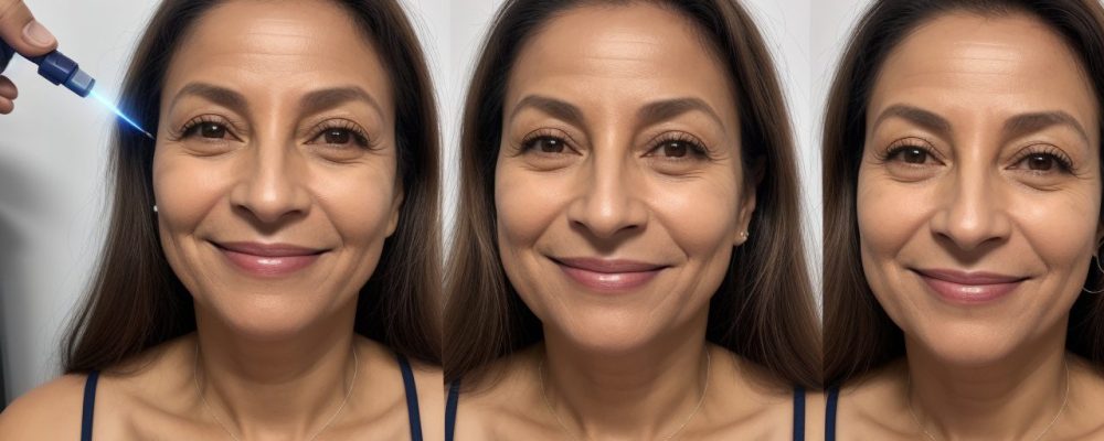 Imagem de uma mulher sorrindo após fazer depilação a laser, mostrando uma pele suave e livre de pelos, com um ambiente de clínica de estética moderno ao fundo.