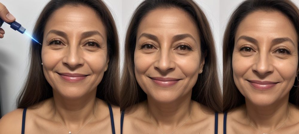 Imagem de uma mulher sorrindo após fazer depilação a laser, mostrando uma pele suave e livre de pelos, com um ambiente de clínica de estética moderno ao fundo.