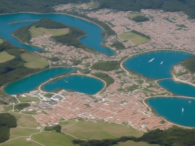 Imagem de um guia de turismo regional mostrando um mapa com destaques de destinos turísticos, promovendo a exploração e descoberta de cidades e regiões.