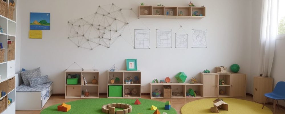 Professora e alunos engajados em atividades de desenho geométrico, explorando formas e conceitos em sala de aula, com foco no curso online.