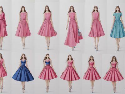 Croqui de moda com roupas e design gráfico vibrante, representando o curso de desenho de moda e o processo criativo