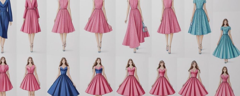 Croqui de moda com roupas e design gráfico vibrante, representando o curso de desenho de moda e o processo criativo