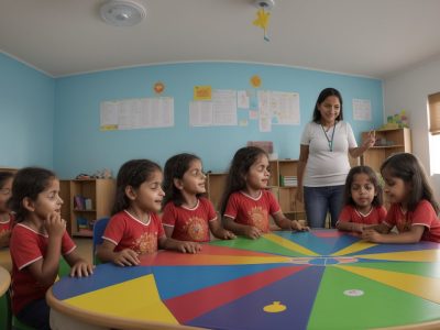 Crianças em sala de aula com professores, explorando atividades lúdicas e teorias da aprendizagem, focando no desenvolvimento infantil e cognitivo.