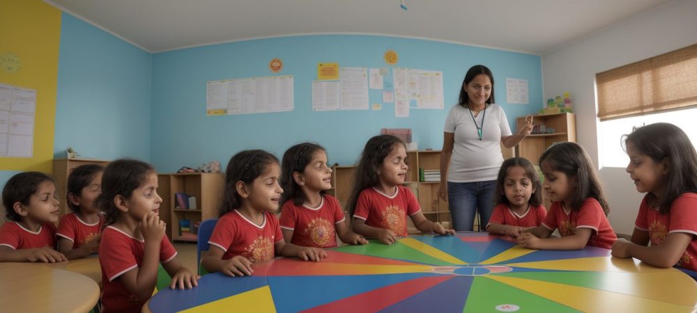 Crianças em sala de aula com professores, explorando atividades lúdicas e teorias da aprendizagem, focando no desenvolvimento infantil e cognitivo.