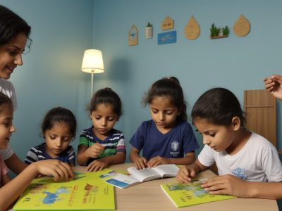 Ambiente de aprendizado lúdico com crianças se engajando em brincadeiras educativas para desenvolvimento infantil.