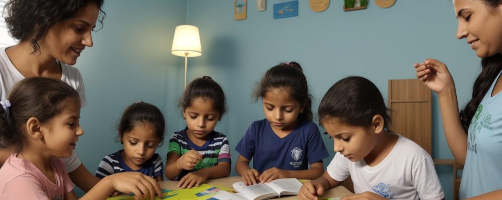 Ambiente de aprendizado lúdico com crianças se engajando em brincadeiras educativas para desenvolvimento infantil.