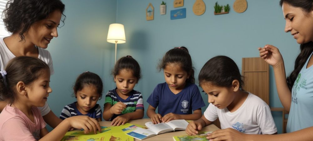Ambiente de aprendizado lúdico com crianças se engajando em brincadeiras educativas para desenvolvimento infantil.