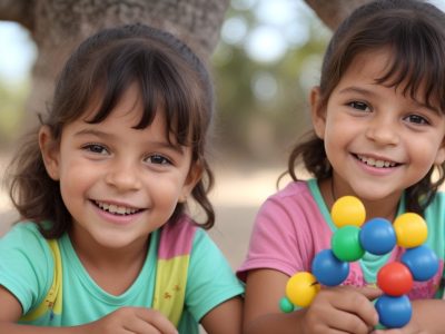 Criança feliz participando de atividades de estimulação precoce, com foco no desenvolvimento infantil saudável e aprendizado divertido.