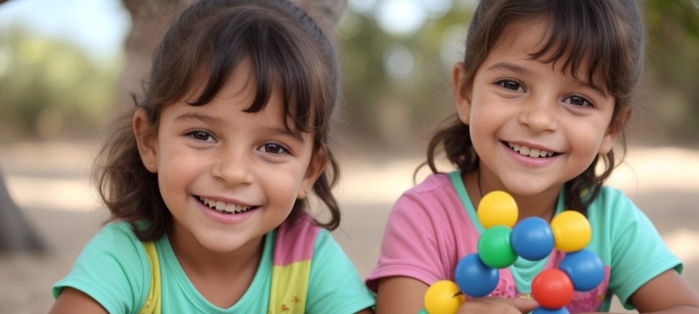 Criança feliz participando de atividades de estimulação precoce, com foco no desenvolvimento infantil saudável e aprendizado divertido.