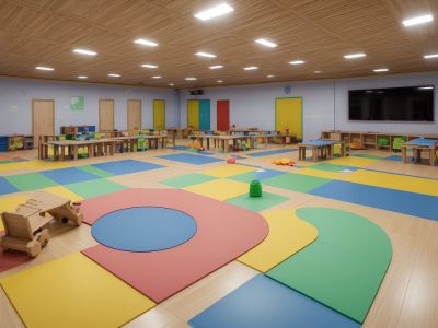 Crianças em sala de aula participando de atividades educativas e brincadeiras, representando o desenvolvimento infantil e a aprendizagem na educação infantil