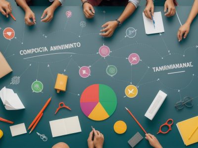 Imagem que representa o desenvolvimento pessoal e profissional, com pessoas interagindo e construindo um plano de carreira