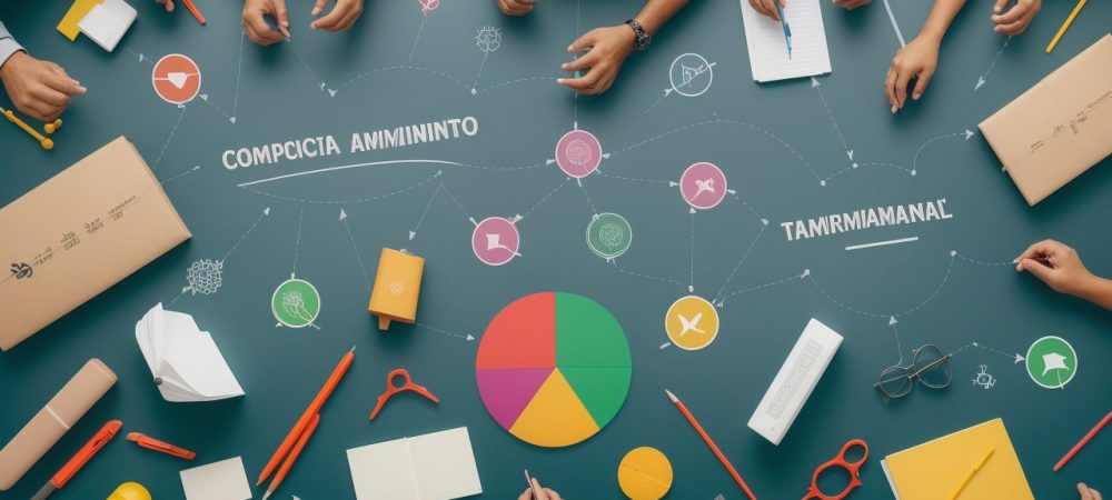 Imagem que representa o desenvolvimento pessoal e profissional, com pessoas interagindo e construindo um plano de carreira