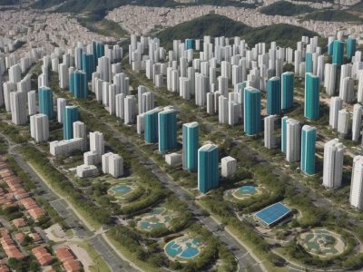 Ilustração de cidade sustentável, com energia renovável, áreas verdes e pessoas envolvidas em práticas de desenvolvimento sustentável.