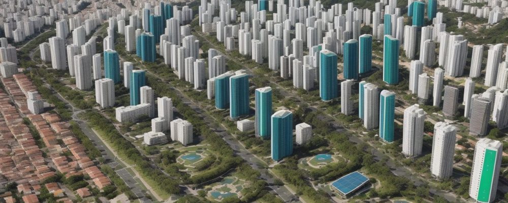 Ilustração de cidade sustentável, com energia renovável, áreas verdes e pessoas envolvidas em práticas de desenvolvimento sustentável.