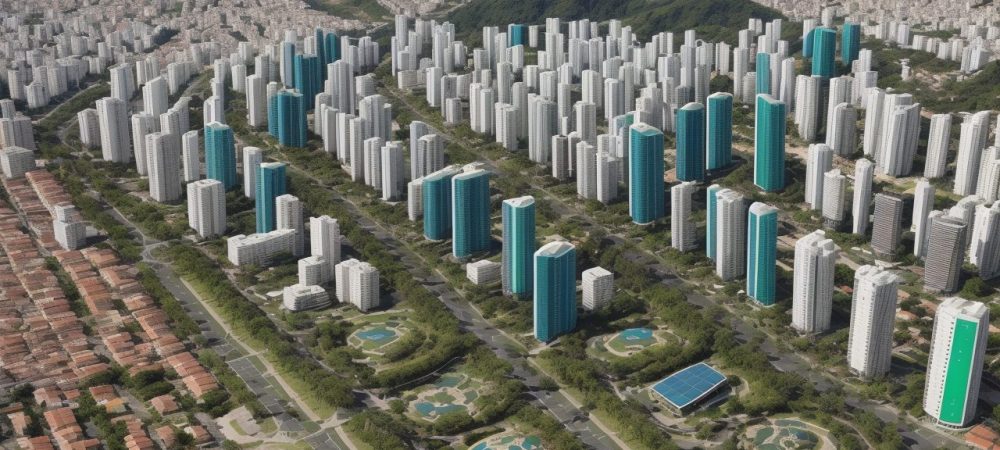 Ilustração de cidade sustentável, com energia renovável, áreas verdes e pessoas envolvidas em práticas de desenvolvimento sustentável.