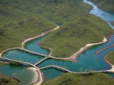 Imagem ilustrando o conceito de desenvolvimento sustentável com elementos de geografia e meio ambiente, como mapas, plantas e pessoas trabalhando juntas.