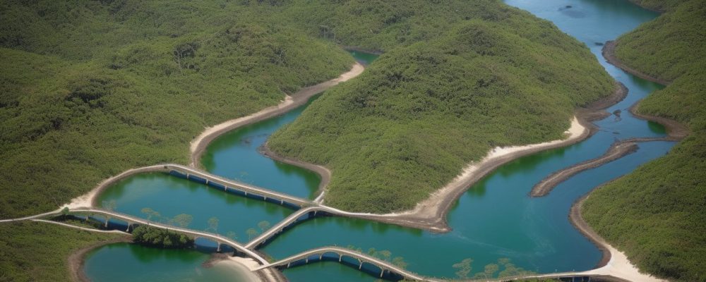 Imagem ilustrando o conceito de desenvolvimento sustentável com elementos de geografia e meio ambiente, como mapas, plantas e pessoas trabalhando juntas.