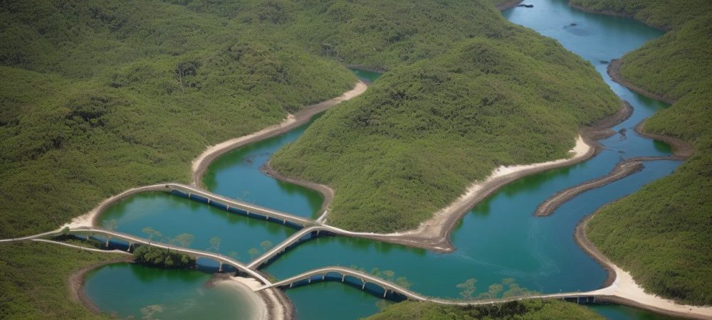 Imagem ilustrando o conceito de desenvolvimento sustentável com elementos de geografia e meio ambiente, como mapas, plantas e pessoas trabalhando juntas.