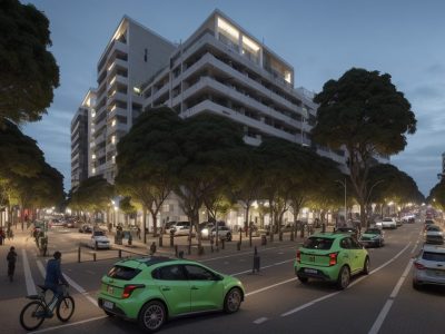 Ilustração de um ambiente urbano sustentável com painéis solares, árvores e pessoas, representando o desenvolvimento sustentável na administração pública.