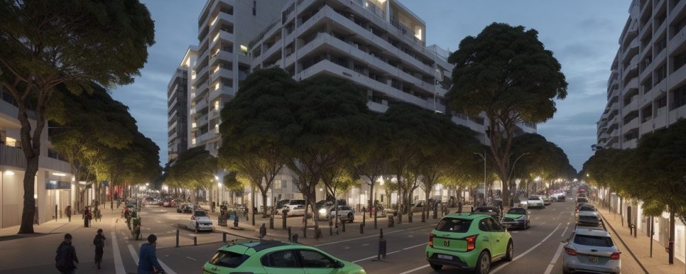 Ilustração de um ambiente urbano sustentável com painéis solares, árvores e pessoas, representando o desenvolvimento sustentável na administração pública.