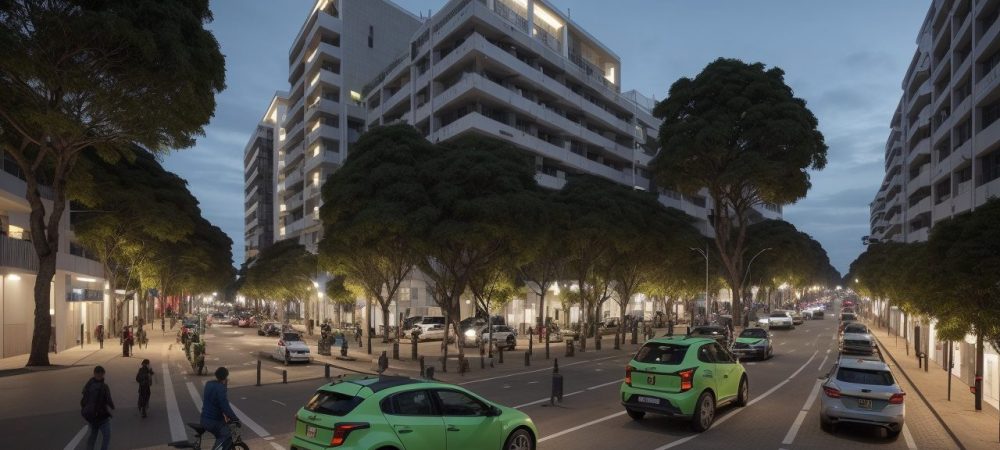 Ilustração de um ambiente urbano sustentável com painéis solares, árvores e pessoas, representando o desenvolvimento sustentável na administração pública.