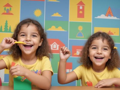 Criança sorrindo enquanto interage com educadora usando recursos visuais para estimular o desenvolvimento da linguagem infantil