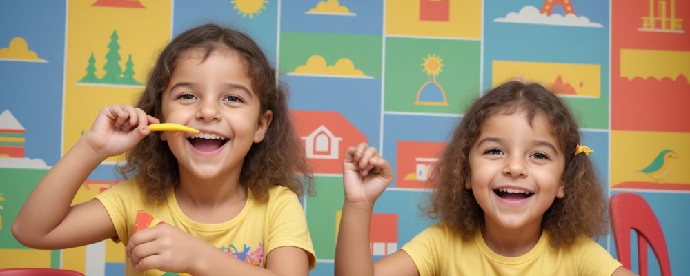 Criança sorrindo enquanto interage com educadora usando recursos visuais para estimular o desenvolvimento da linguagem infantil