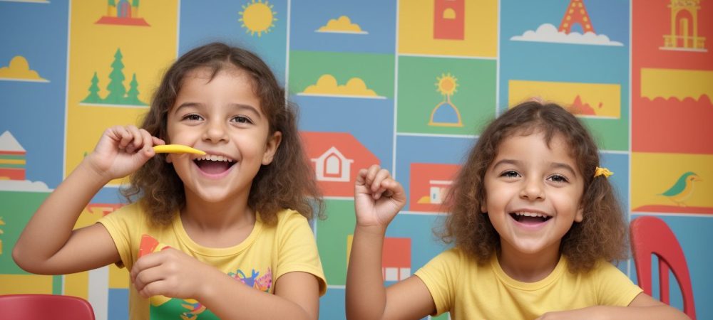 Criança sorrindo enquanto interage com educadora usando recursos visuais para estimular o desenvolvimento da linguagem infantil