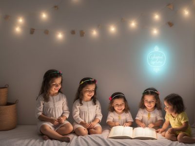 Criança sorrindo e interagindo com um adulto, brincando com letras e palavras, representando o desenvolvimento da linguagem infantil.