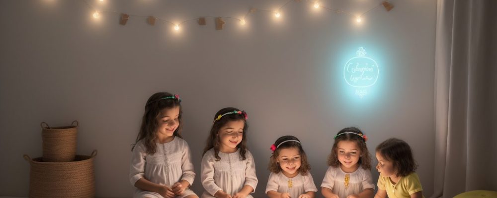 Criança sorrindo e interagindo com um adulto, brincando com letras e palavras, representando o desenvolvimento da linguagem infantil.