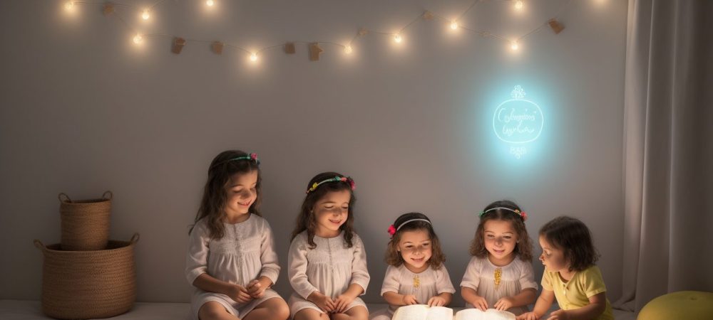 Criança sorrindo e interagindo com um adulto, brincando com letras e palavras, representando o desenvolvimento da linguagem infantil.