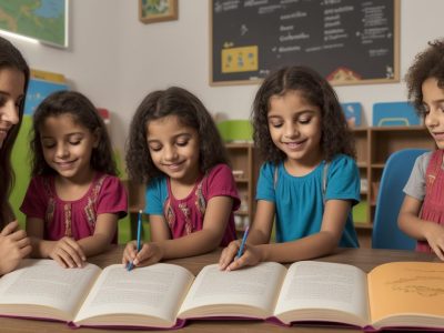 Crianças interagindo em um ambiente lúdico, com foco no desenvolvimento da linguagem infantil e estímulo à fala.