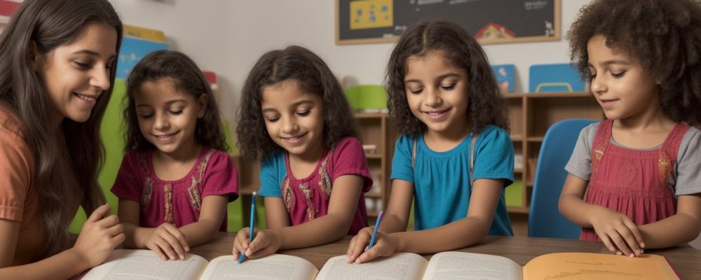Crianças interagindo em um ambiente lúdico, com foco no desenvolvimento da linguagem infantil e estímulo à fala.