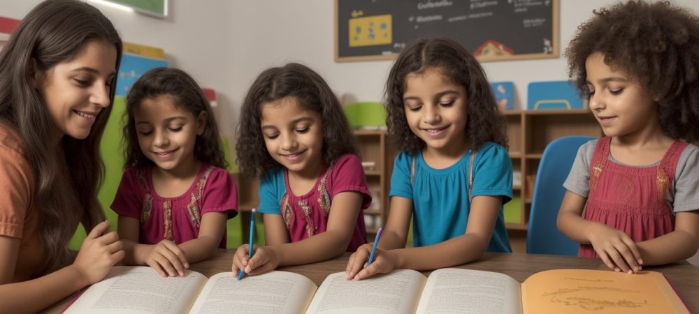 Crianças interagindo em um ambiente lúdico, com foco no desenvolvimento da linguagem infantil e estímulo à fala.